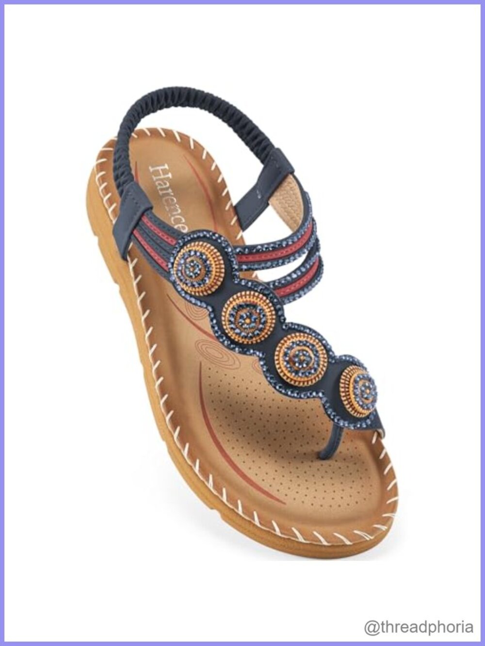 Harence Women's Flat Sandals Beaded Toe Ring Faux Leather Memory Foam Casual